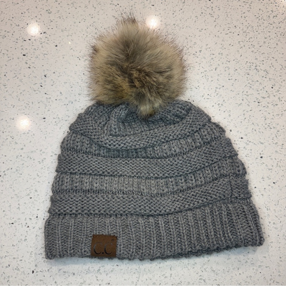 Gray Knit Pom-Pom Beanie chunky knit